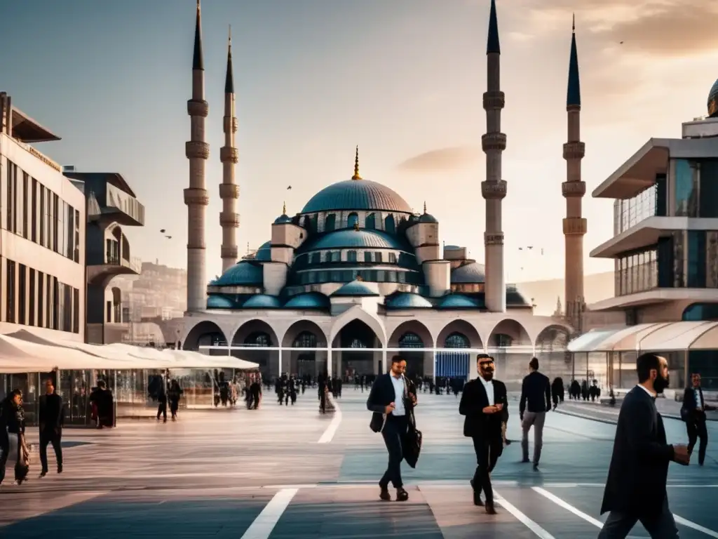 Un bullicioso cruce de calles en Turquía, con edificios modernos y una mezquita futurista