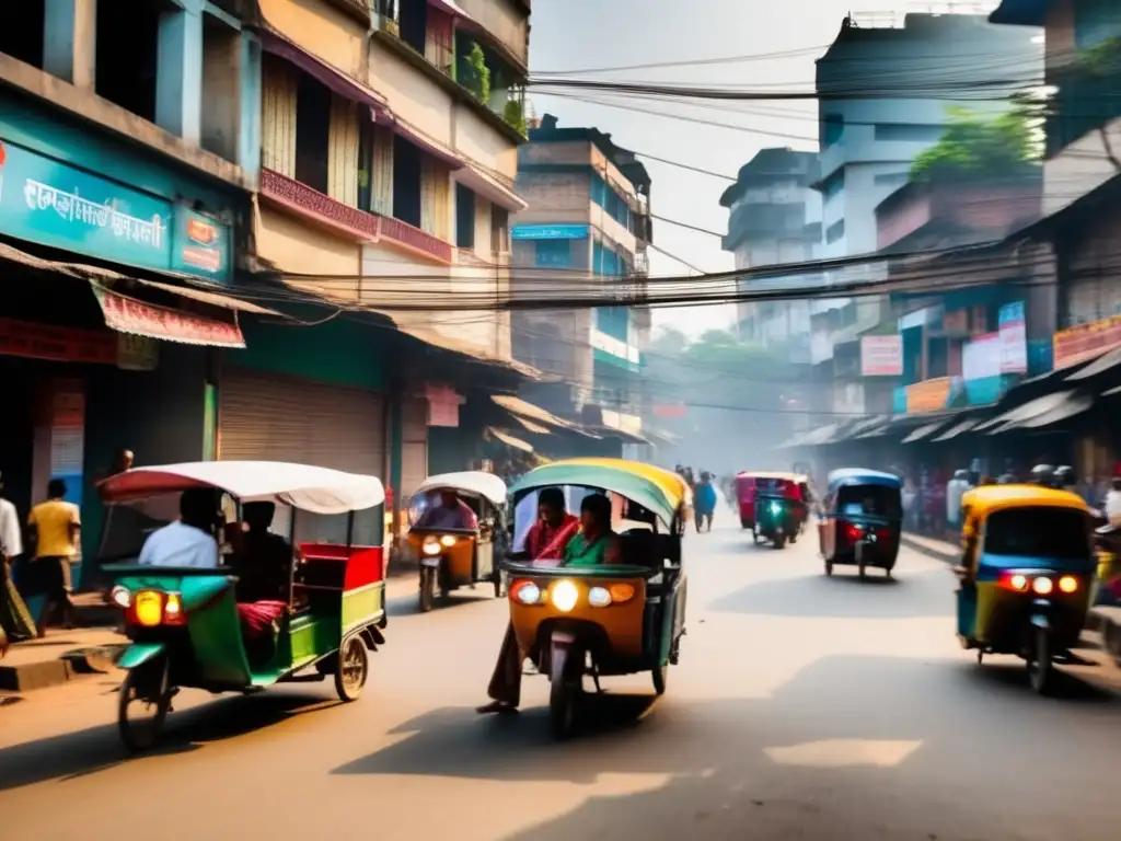 Un bullicioso cruce de calles en Dhaka, Bangladesh, rebosante de rickshaws coloridos, vendedores ambulantes y peatones