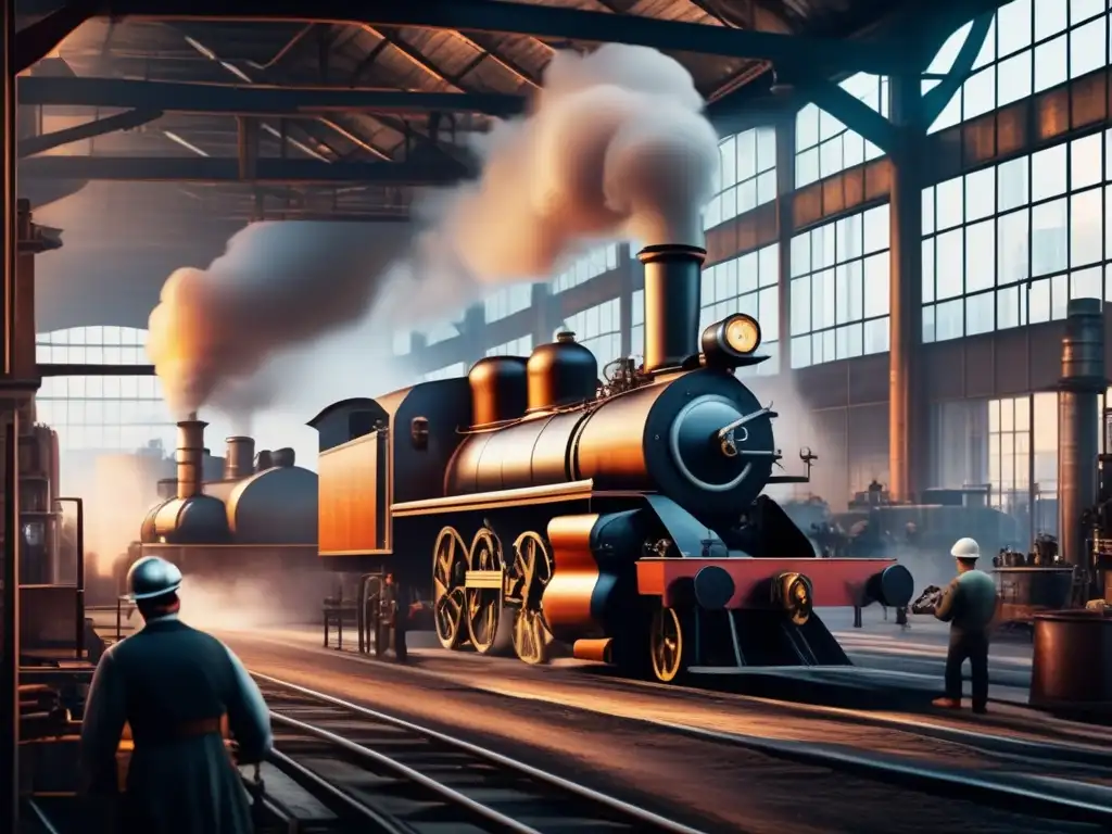 Un bullicioso y detallado paisaje industrial de la Revolución Industrial con humeantes chimeneas y máquinas de vapor