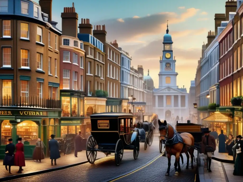 Un bullicioso y detallado retrato de una calle victoriana, con carruajes, peatones elegantemente vestidos y edificios ornamentados