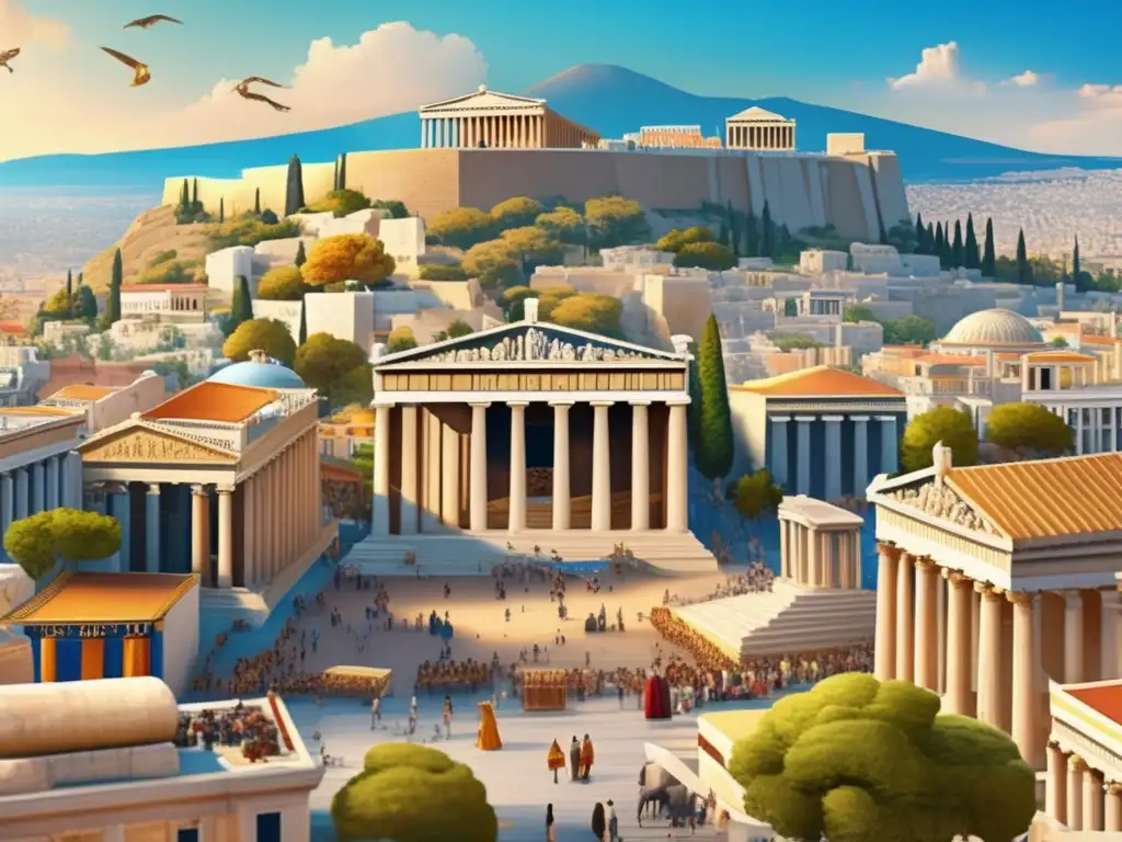 Un bullicioso día en la antigua Grecia: la vibrante Atenas con sus edificios de mármol, mercado colorido y la majestuosa Acrópolis