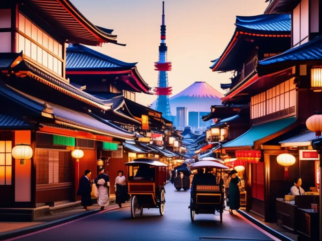 Tokyo Meiji: Transformación y modernización en 8k Un bullicioso Tokio de la era Meiji, con arquitectura tradicional y toques occidentales
