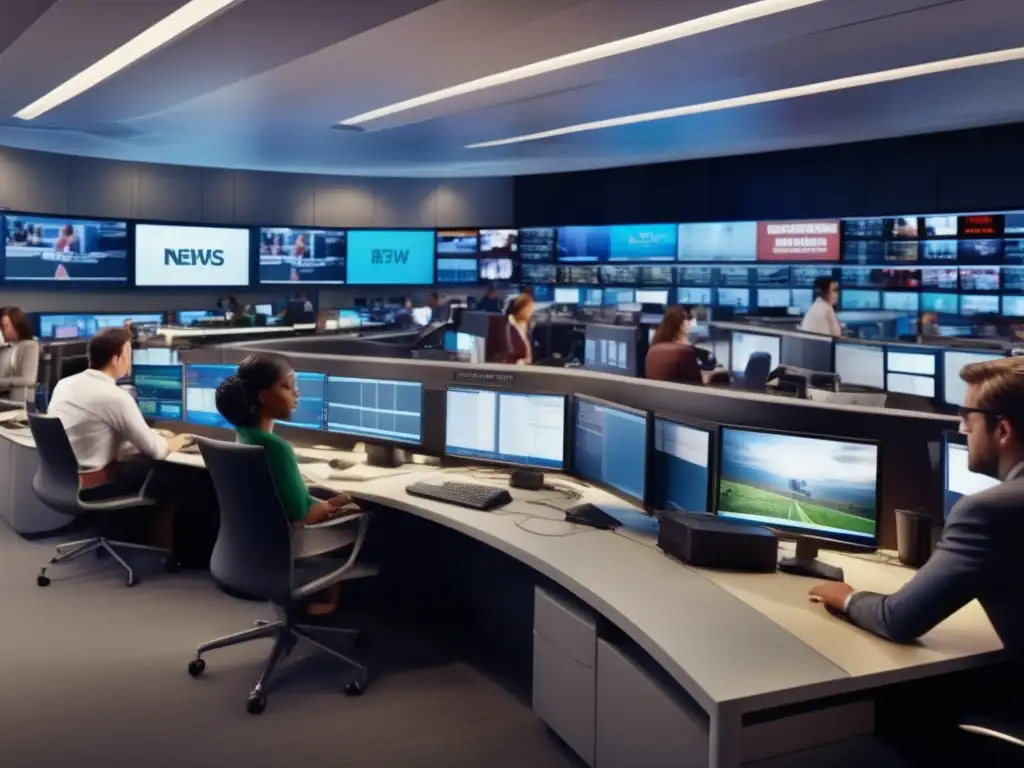 Un bullicioso estudio de noticias con periodistas concentrados en sus escritorios y pantallas de noticias