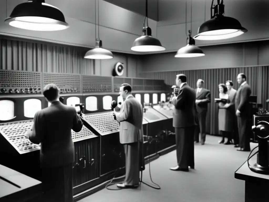 En el bullicioso estudio de radio de los años 20, los técnicos ajustan diales mientras los productores orquestan la emisión en vivo
