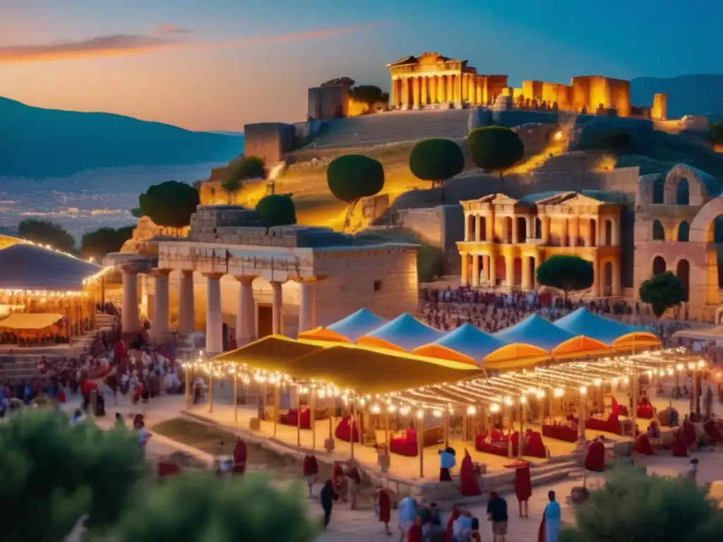 Un bullicioso festival en la antigua ciudad griega de Éfeso, con gente vestida con trajes tradicionales y decoraciones vibrantes