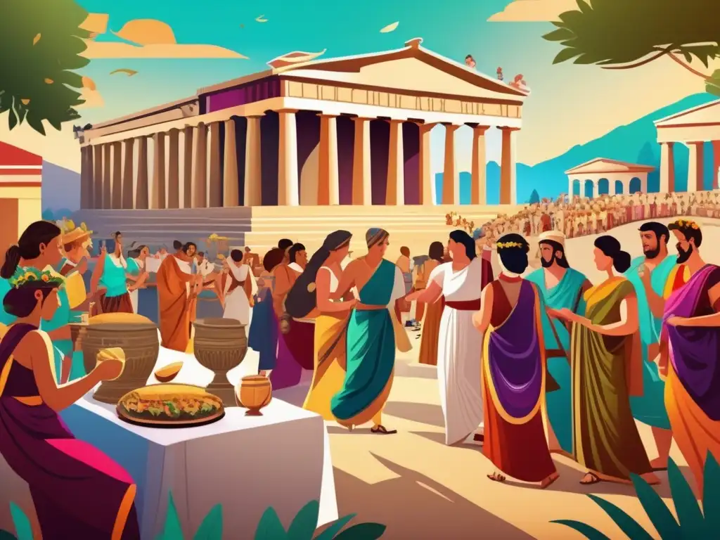 Un bullicioso festival del mundo griego y romano con detalles coloridos y gente participando en actividades festivas