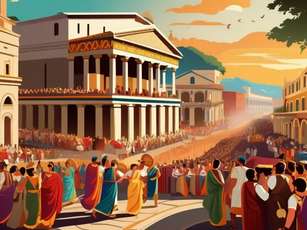 Un bullicioso festival romano con influencia de Dionisio Halicarnaseo en fiestas romanas, lleno de color, música, baile y grandiosas decoraciones