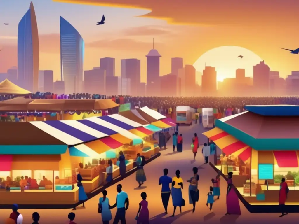 Un bullicioso mercado africano con colores vibrantes, personas diversas y pagos móviles