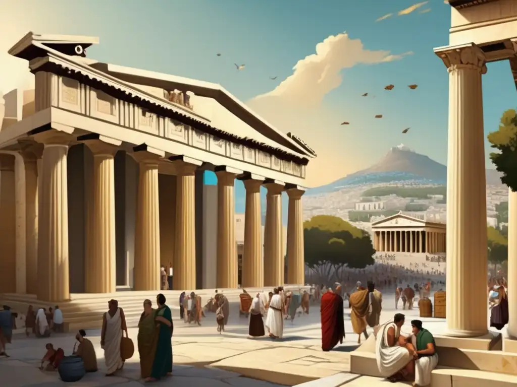 Desde el bullicioso mercado de la antigua Atenas, el sol mediterráneo ilumina la escena, revelando cada detalle de la arquitectura griega clásica