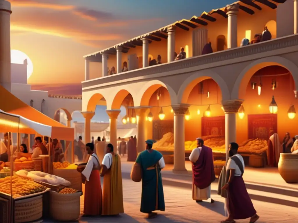 Un bullicioso mercado de la antigua Carthago Nova con comerciantes, textiles vibrantes y arquitectura púnica al atardecer
