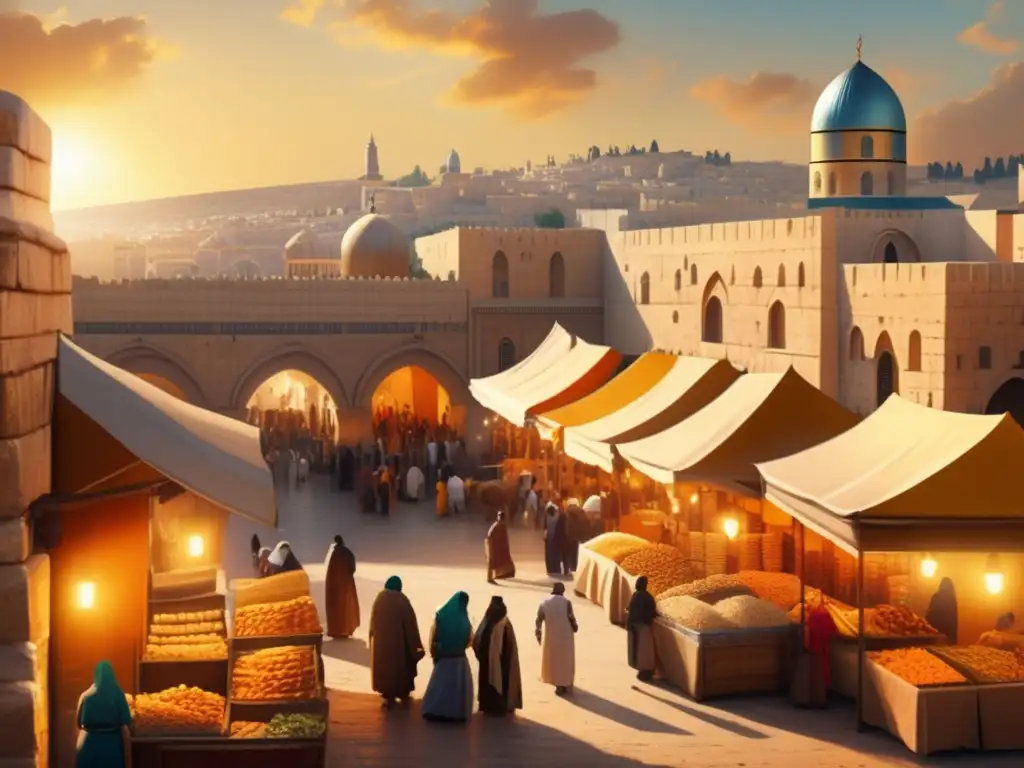 Un bullicioso mercado en la antigua Jerusalén, con vendedores, compradores y la influencia de María Magdalena en el cristianismo primitivo