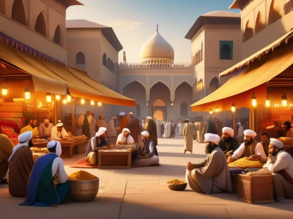 Brillante escena de Avicenna en mercado medieval - En un bullicioso mercado, Avicena reflexiona entre eruditos y comerciantes, rodeado de colores y luz dorada