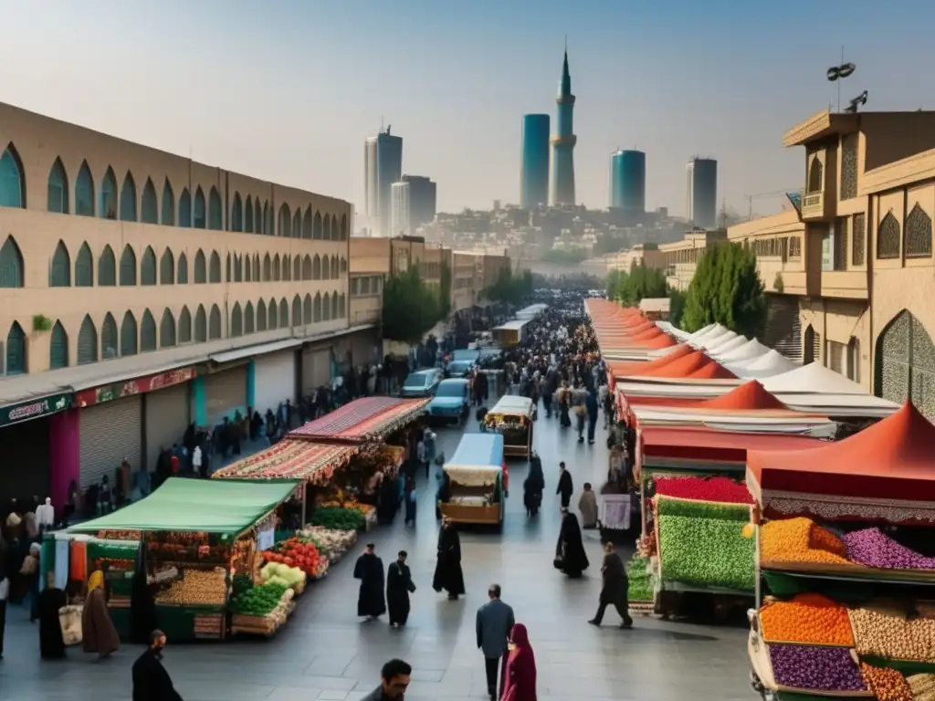 Un bullicioso mercado en una calle de Teherán, Irán, con telas coloridas y edificios modernos