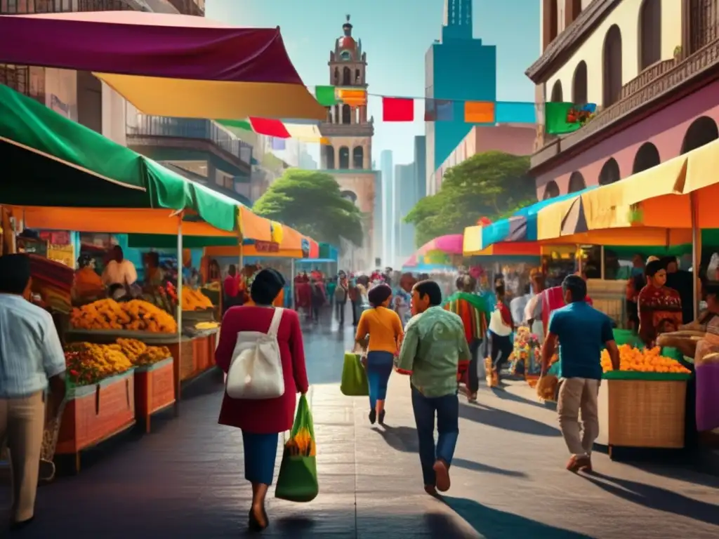 Un bullicioso mercado callejero en México, con murales coloridos y puestos vibrantes, reflejando el impacto dinámico de políticas y acuerdos comerciales en la sociedad mexicana