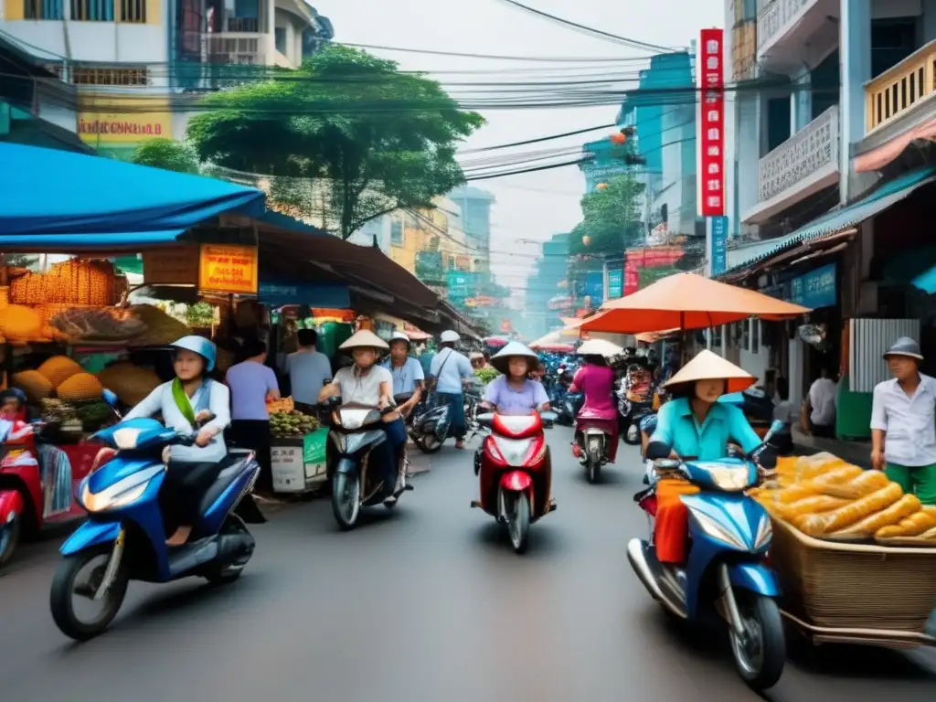 Un bullicioso mercado callejero en Ho Chi Minh, Vietnam, con puestos de comida vibrantes y letreros coloridos