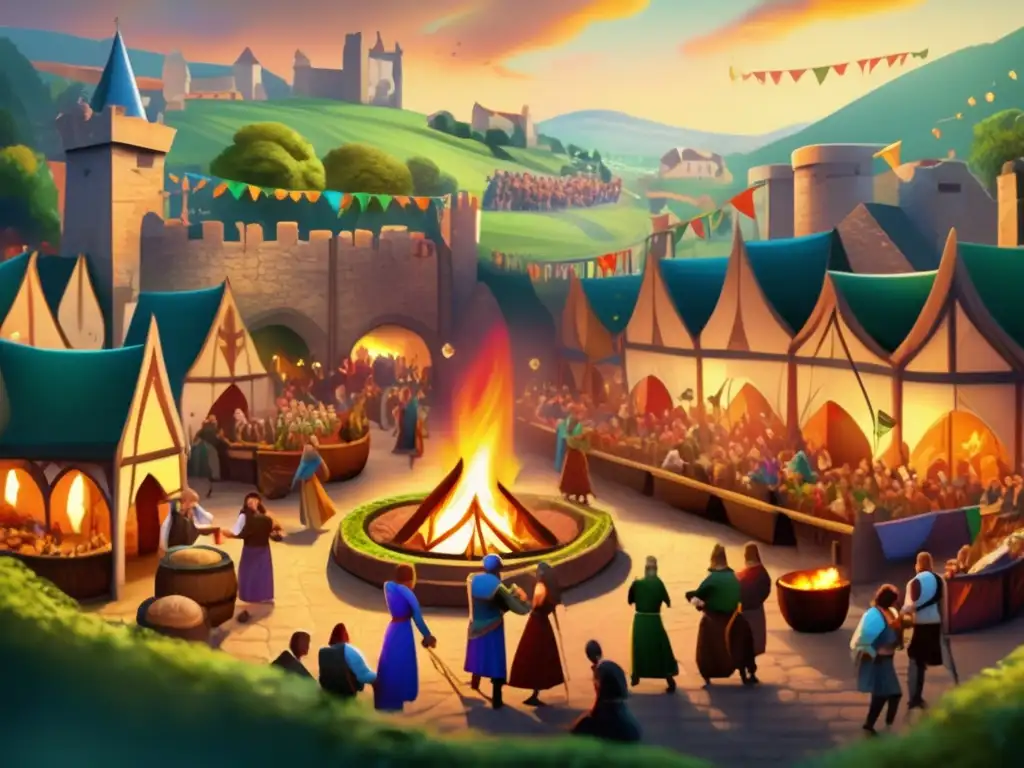 Un bullicioso mercado celta medieval con danzas, música y una gran hoguera, en un ambiente festivo