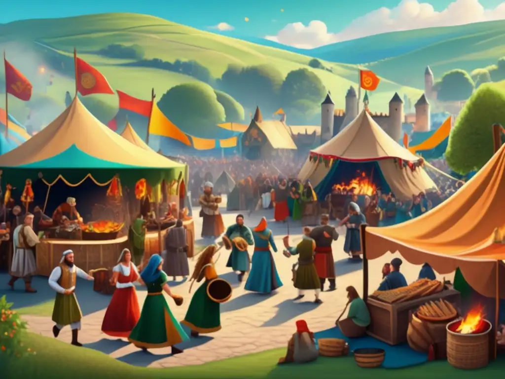 Un bullicioso mercado celta medieval con bailes, fuego y coloridas decoraciones en las festividades celtas medievales Gerald Gales
