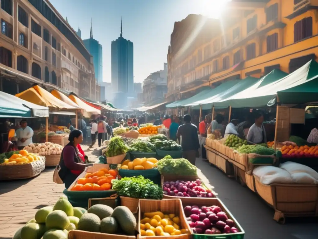 En un bullicioso mercado de una ciudad en desarrollo, los vendedores ofrecen frutas, verduras y artesanías