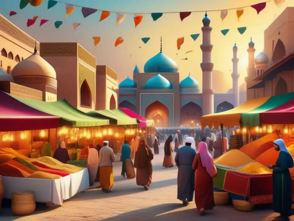 Un bullicioso mercado en una ciudad histórica islámica; telas y especias coloridas, gente regateando y arquitectura intrincada
