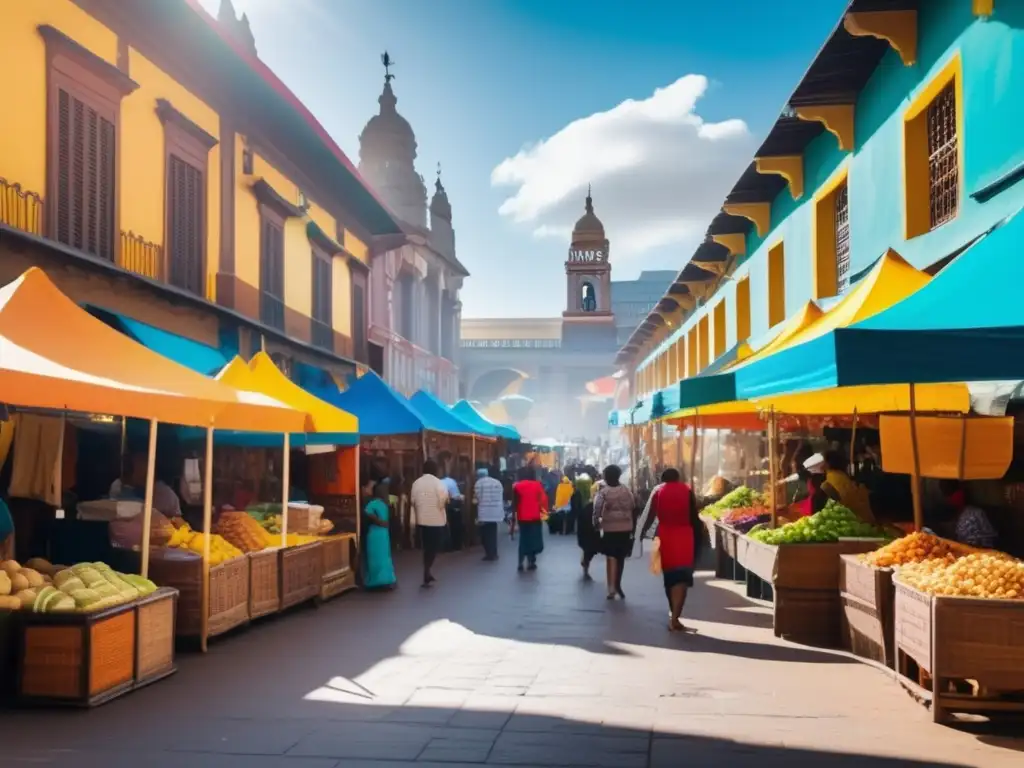 Mercado vibrante en ciudad postcolonial, con comercio diverso y escenas animadas - 60 caracteres En un bullicioso mercado de una ciudad postcolonial, los Estrategas del Comercio Economía Postcolonial disfrutan de un escenario económico vibrante y diverso, con coloridos puestos y vendedores de todo el mundo