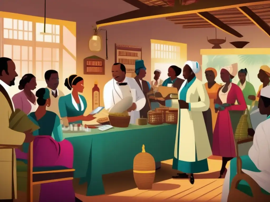 Colonialera mercado médico: progreso e innovación- En un bullicioso mercado colonial, médicos y pacientes de diversas etnias interactúan en transacciones y conversaciones animadas