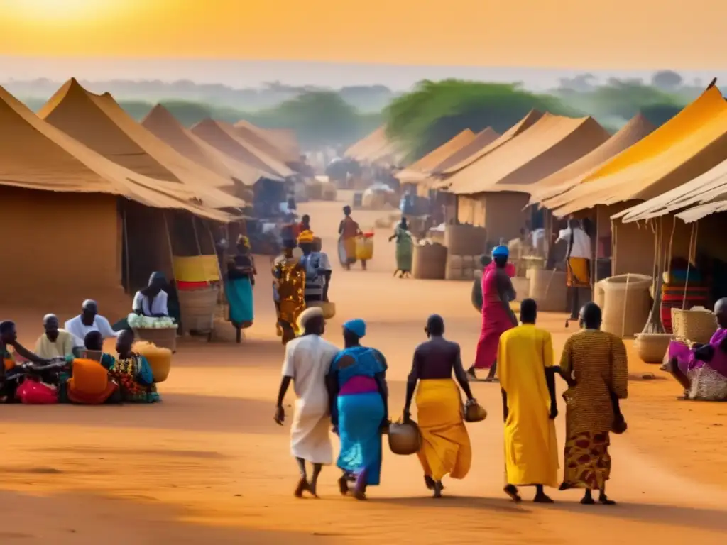En el bullicioso mercado del Sahel, el comercio florece bajo el cálido sol africano, con la vibrante vestimenta tradicional creando un contraste vivo