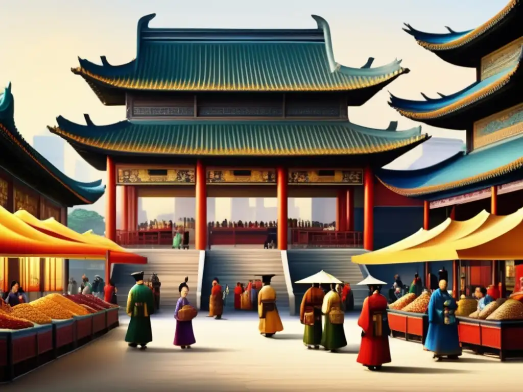 En el bullicioso mercado de la Dinastía Tang, los mercaderes venden porcelana, sedas y especias, mientras los eruditos debaten y los artesanos crean