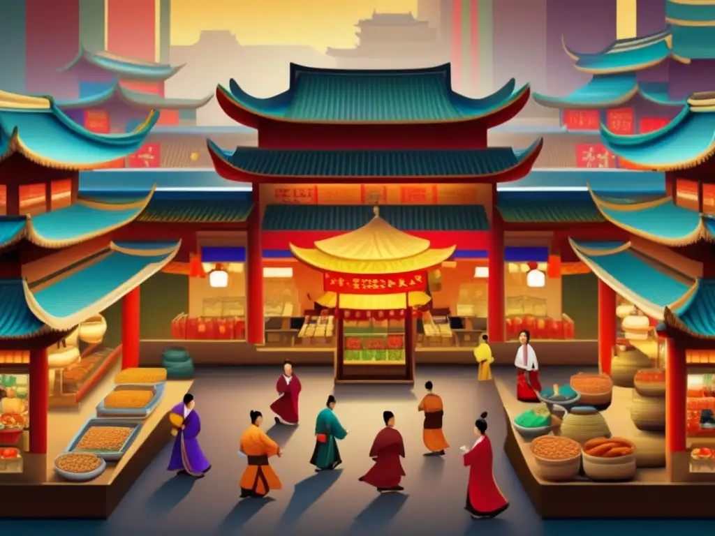 En el bullicioso mercado de la Dinastía Tang, los vendedores ofrecen productos variados bajo coloridos toldos