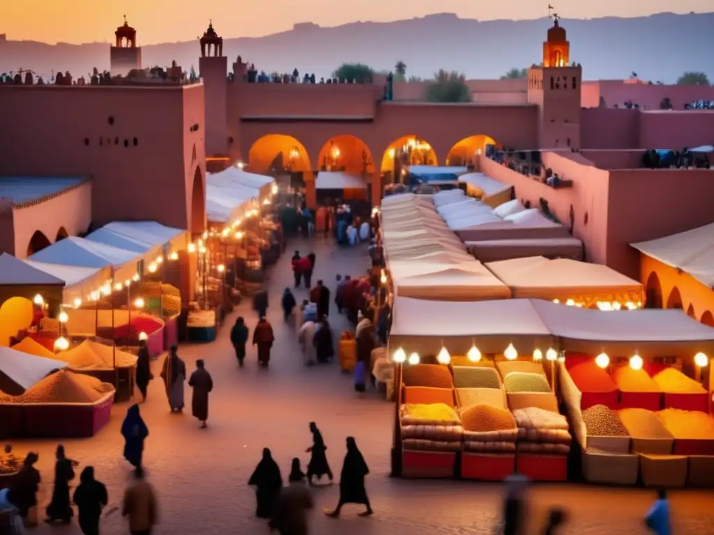 En el bullicioso mercado de Marrakech, Marruecos, Estrategas mercado evolución Marruecos vendedores y clientes entre puestos coloridos bajo la cálida luz del atardecer