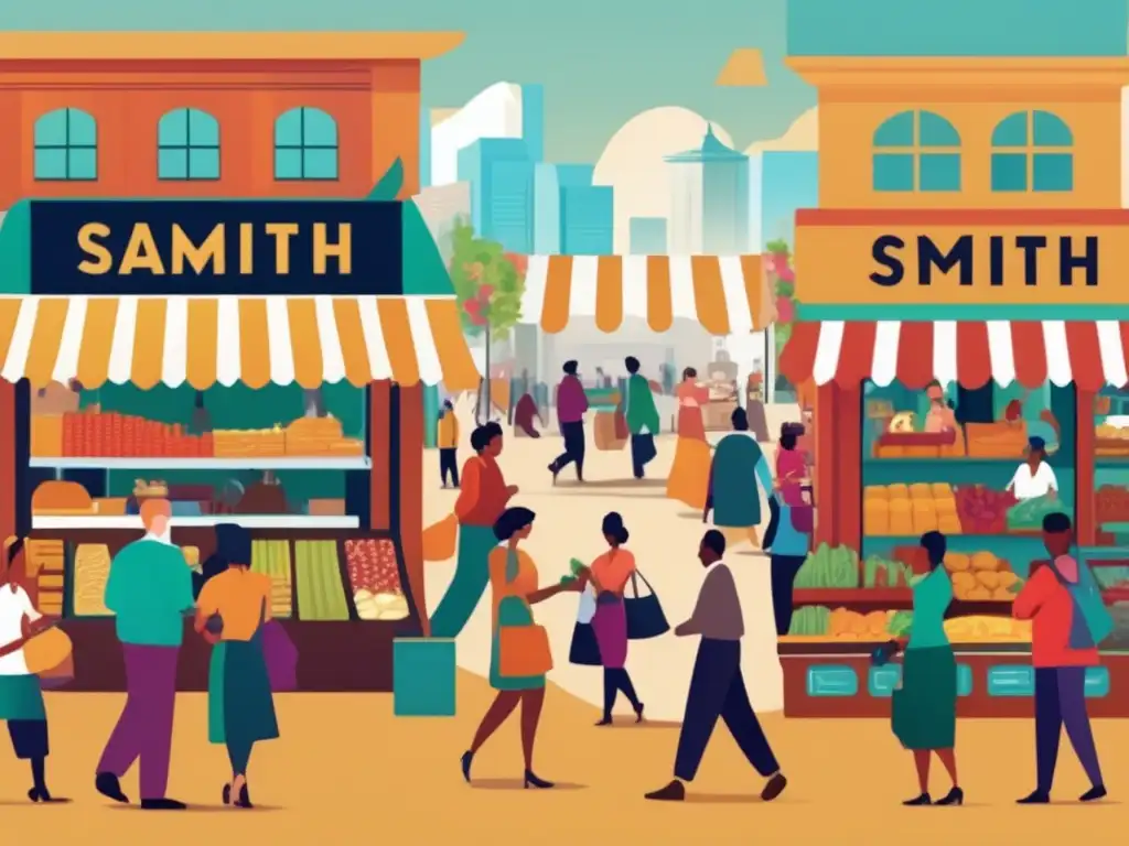 En un bullicioso mercado, la ética del mercado según Adam Smith cobra vida en una ilustración digital moderna y detallada