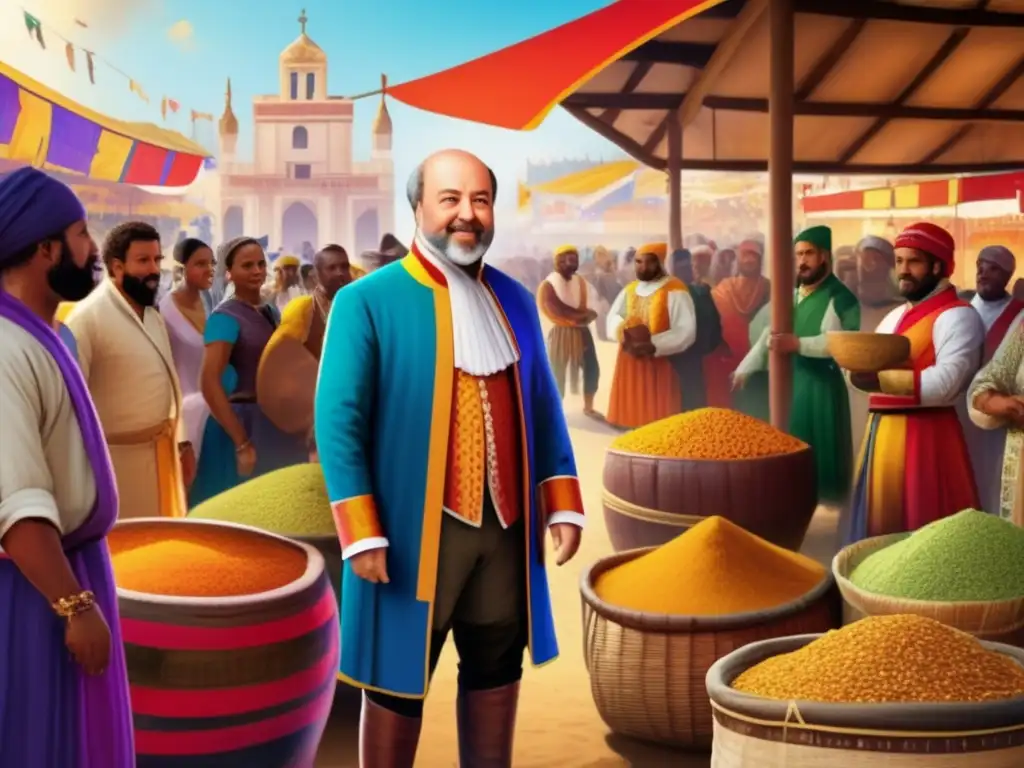 Hernando de Soto en bullicioso mercado, gente negociando y comerciando, reflejando teorías de capital y desarrollo
