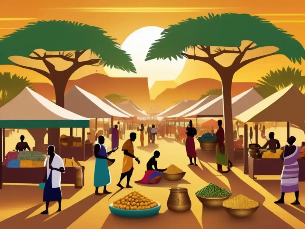 En el bullicioso mercado del Imperio de Ghana, los comerciantes intercambian bienes entre telas vibrantes y joyas de oro