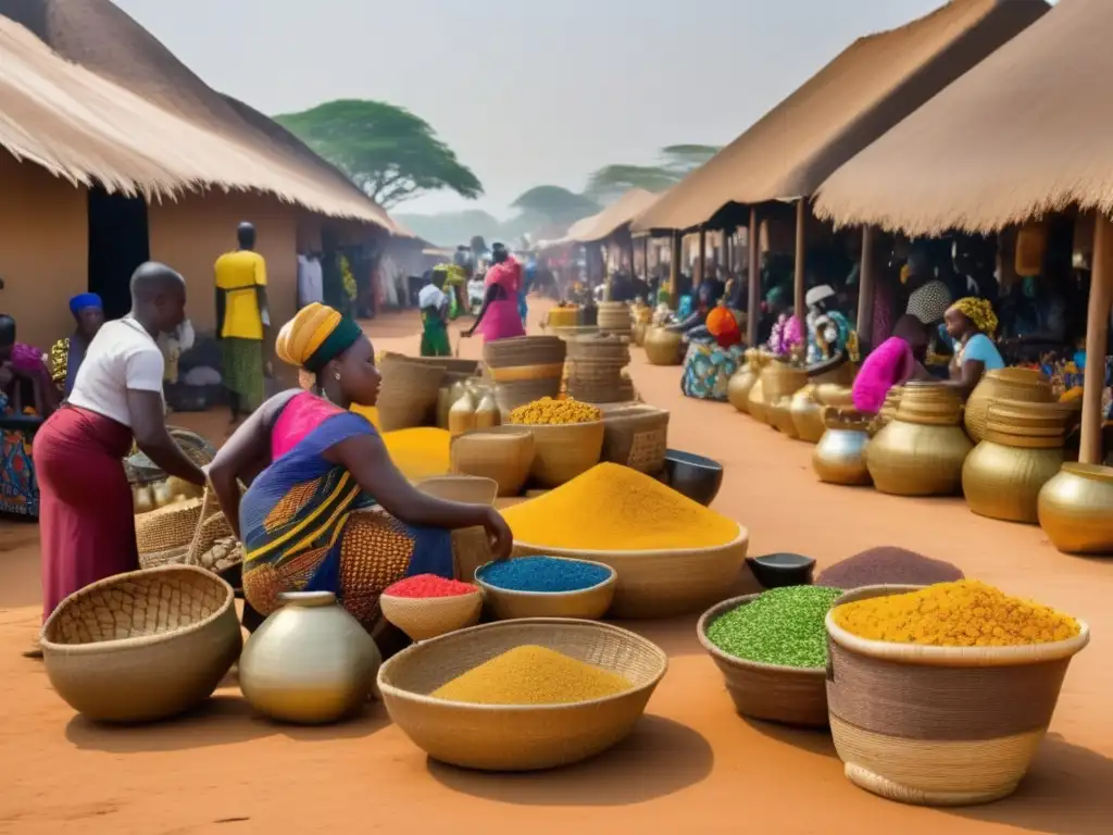 En el bullicioso mercado del Imperio de Ghana, los comerciantes intercambian oro, sal y otras mercancías bajo el vibrante sol africano