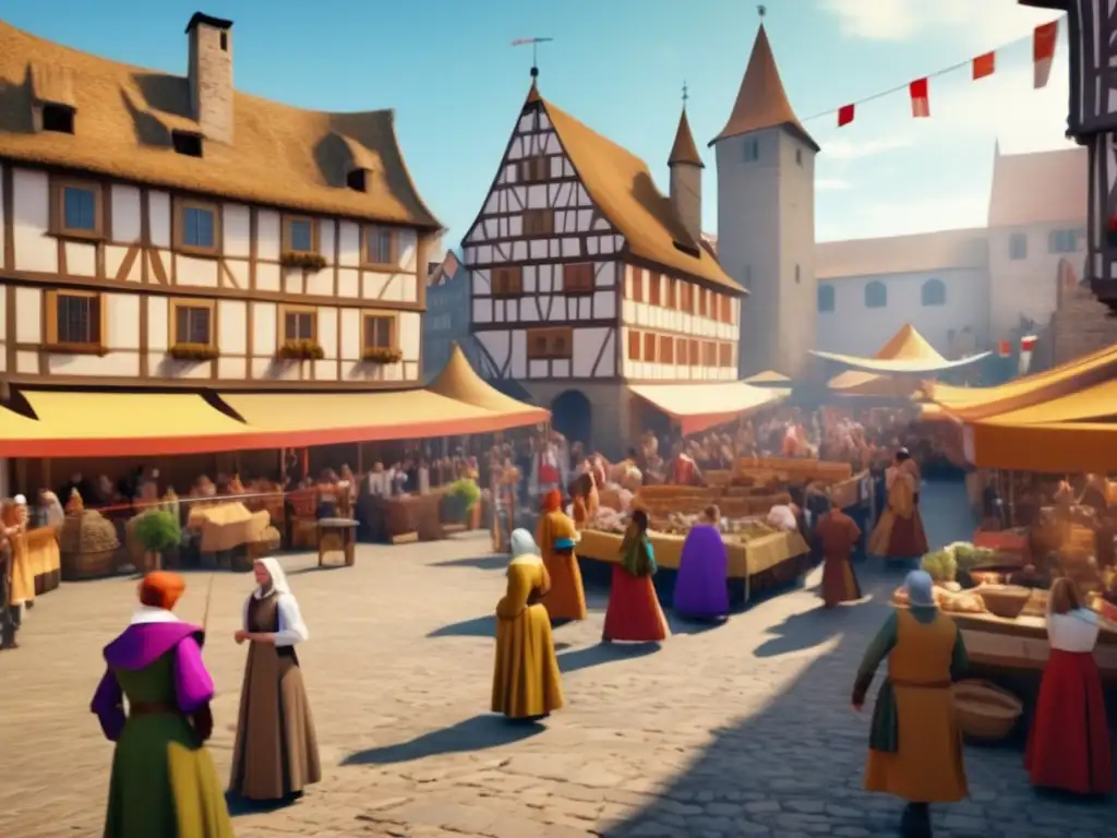 Un bullicioso mercado medieval, con aldeanos y coloridos trajes, música, baile y actuaciones en el escenario
