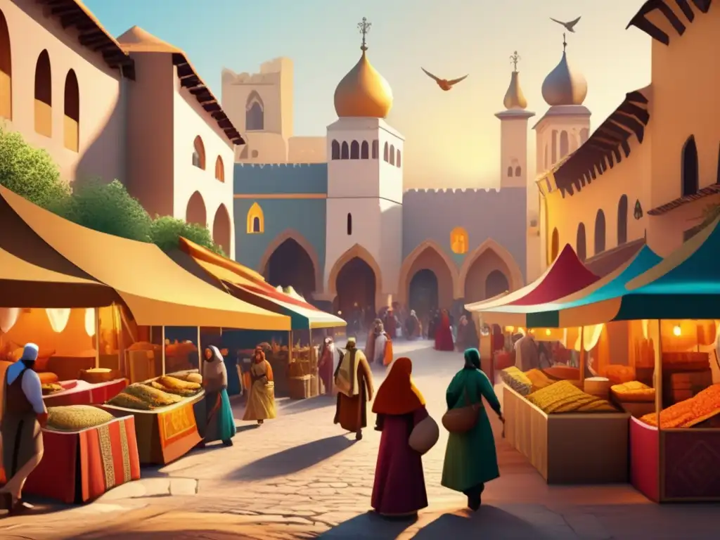 Un bullicioso mercado medieval con arquitectura de estilo norteafricano y andaluz, comerciantes regateando y textiles coloridos en exhibición