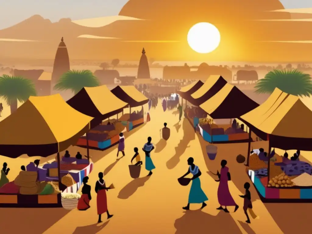 En el bullicioso mercado del Sahel, los mercaderes de diferentes grupos étnicos intercambian oro, sal y textiles bajo el cálido resplandor del sol