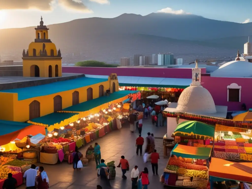 En un bullicioso mercado mexicano, los puestos rebosan de frutas frescas, textiles vibrantes y artesanías tradicionales