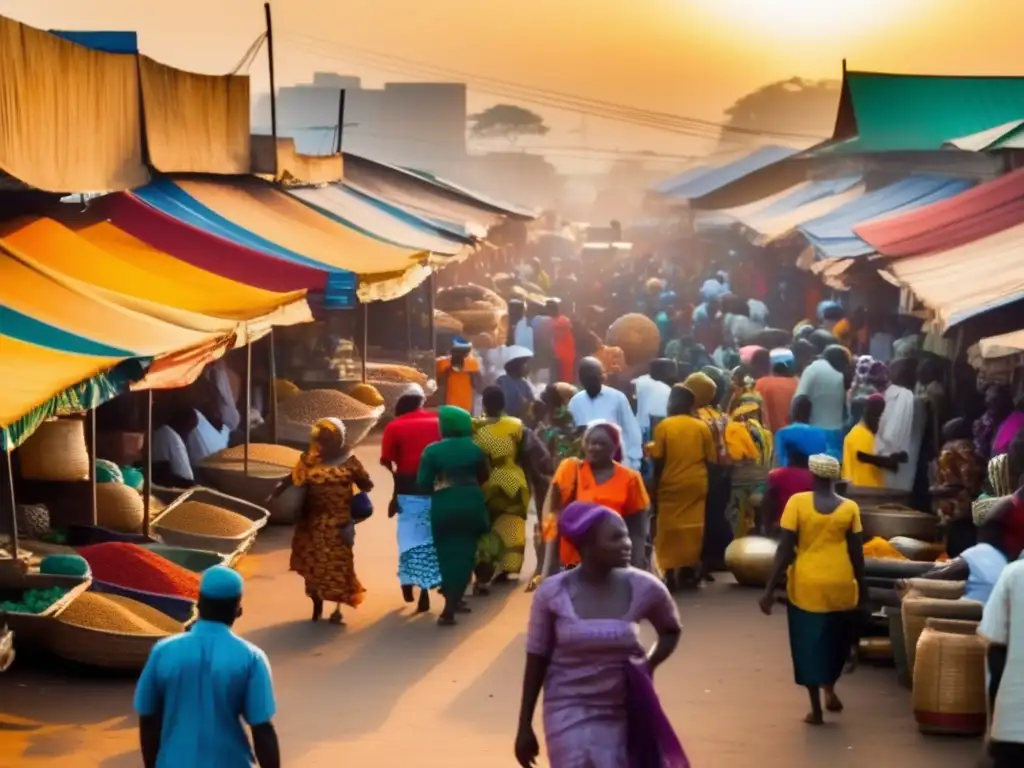 Un bullicioso mercado en Lagos, Nigeria, con colores vibrantes y una diversidad de personas comerciando