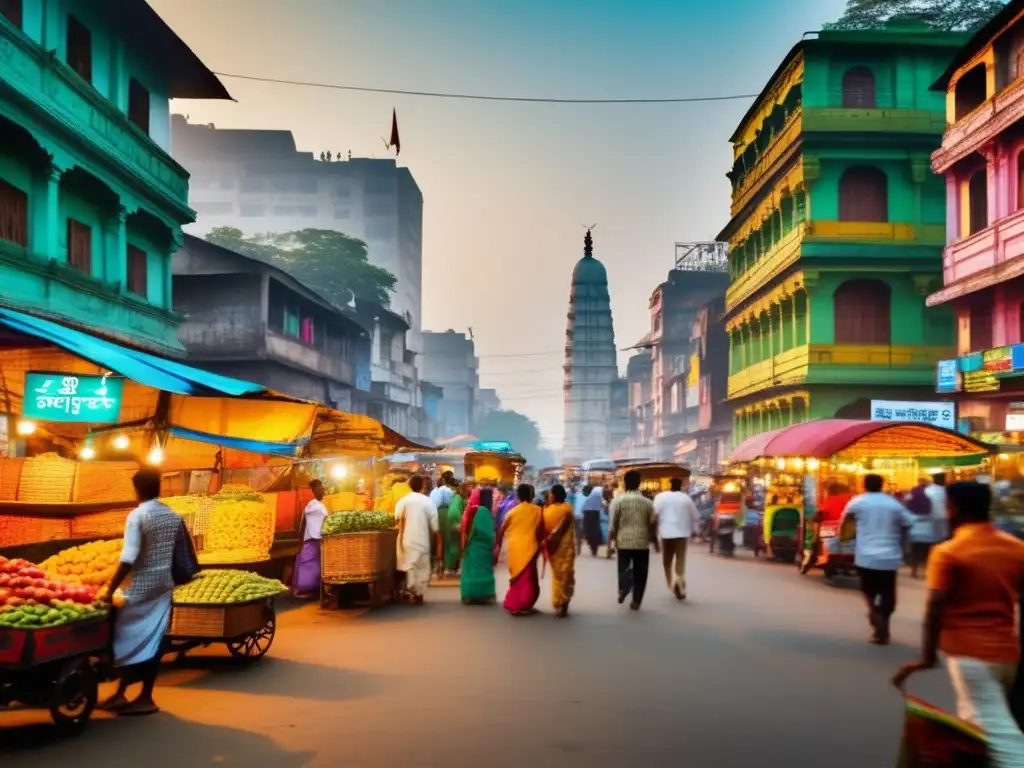 Un bullicioso mercado en Kolkata, Bengala Occidental, con carteles coloridos en bengalí