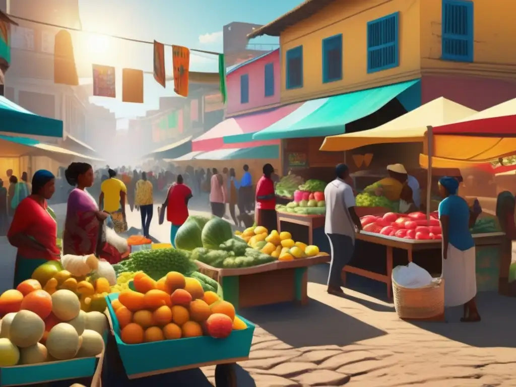 En un bullicioso mercado de un país en desarrollo, vendedores ofrecen frutas y verduras coloridas mientras la comunidad compra