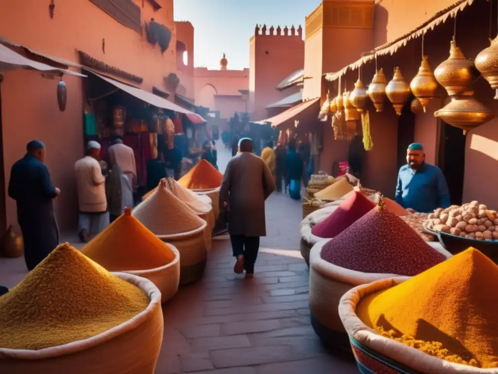 Un bullicioso mercado en Marrakech, Marruecos, con puestos vibrantes vendiendo especias, textiles y cerámica