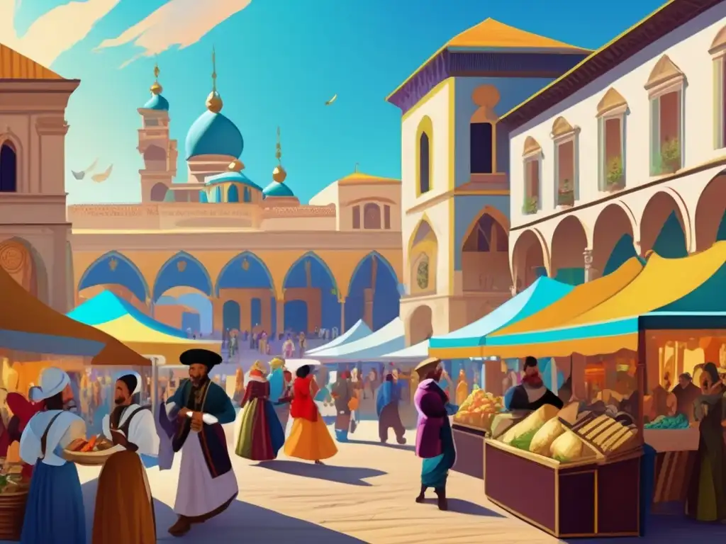 Un bullicioso mercado renacentista con vendedores, músicos y nobles