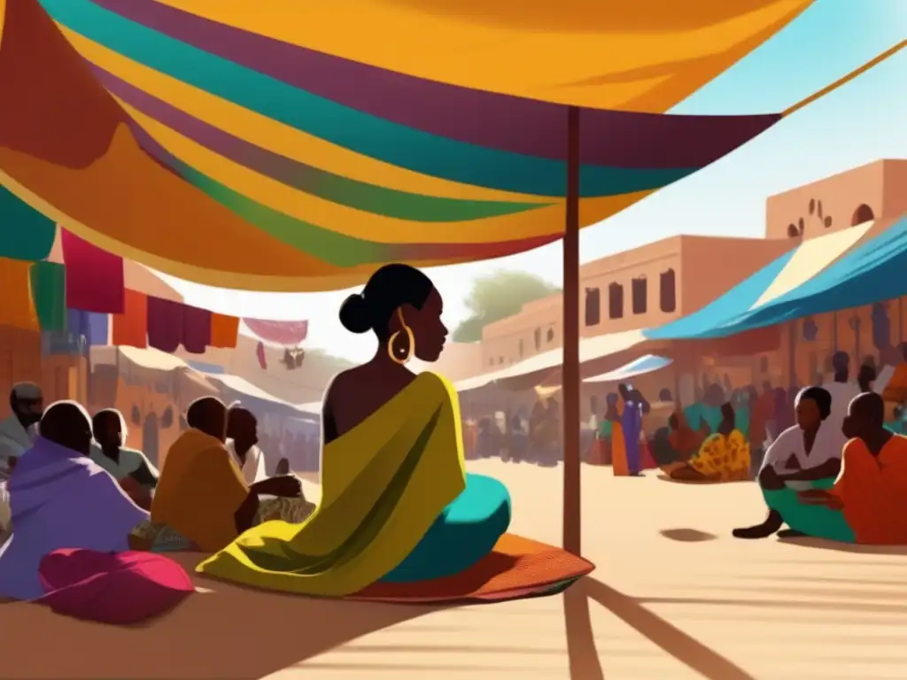 Aoua Kéita reflexiona en un bullicioso mercado de Mali, rodeada de colores, telas y personas