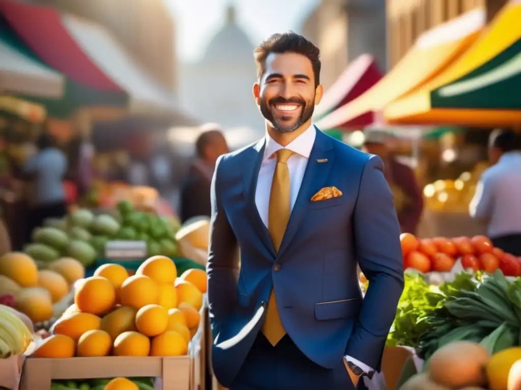 Xavier SalaiMartin en un bullicioso mercado, rodeado de productos coloridos y vendedores animados