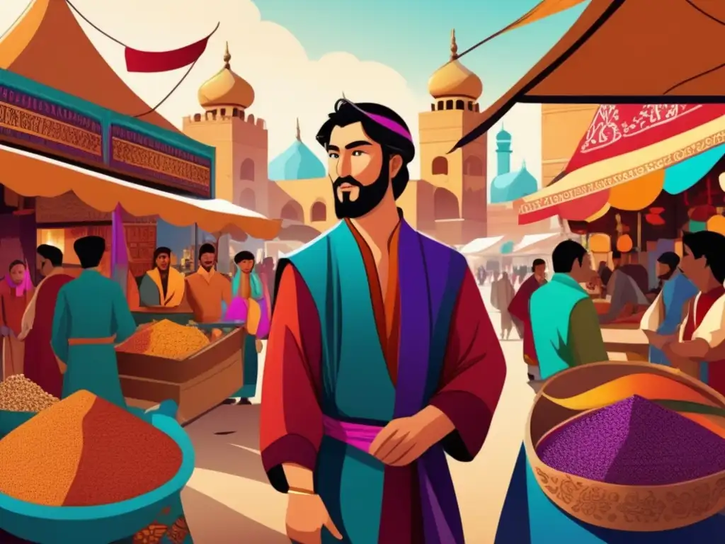 En el bullicioso mercado de la Ruta de la Seda, Marco Polo vive una aventura comercial llena de colores y vida