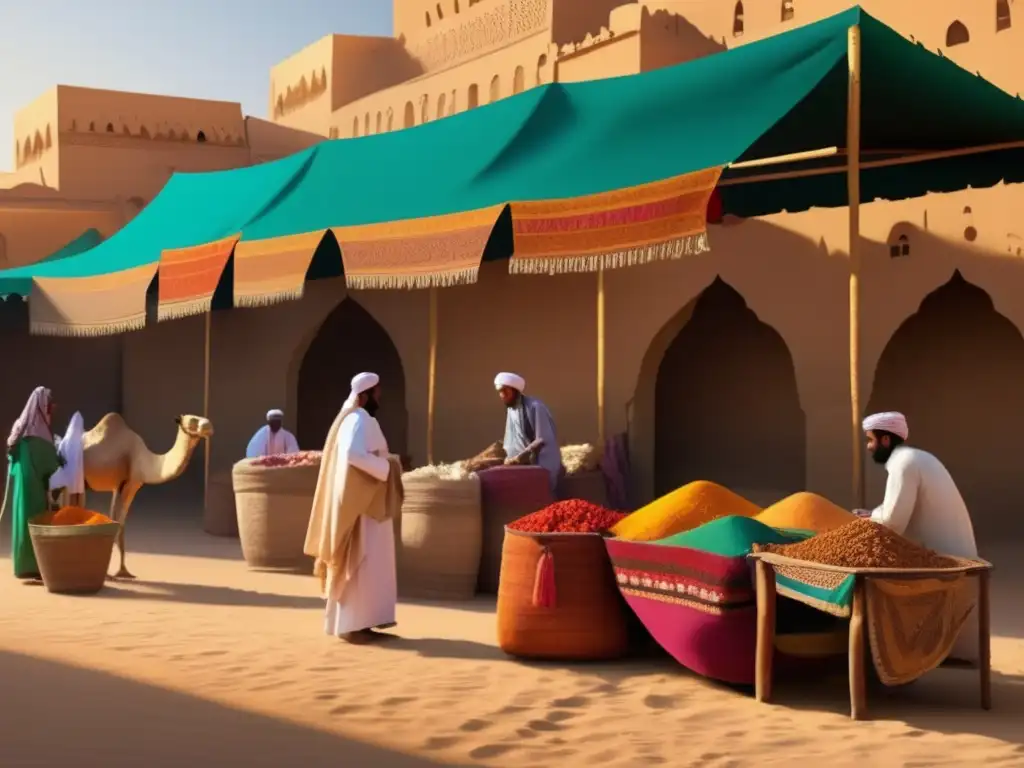 En un bullicioso mercado de Arabia en el siglo VII, los comerciantes negocian bajo toldos decorados, mientras los camellos aguardan