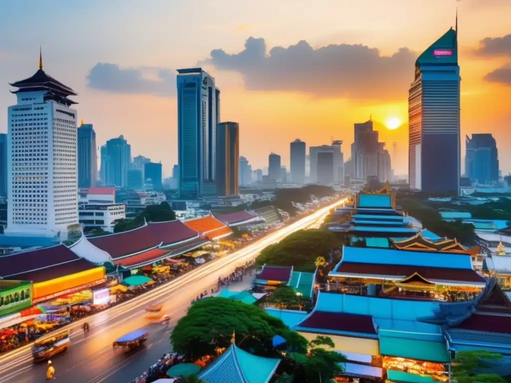 Un bullicioso mercado tailandés con rascacielos al fondo, donde empresarios tailandeses dominan el sudeste asiático