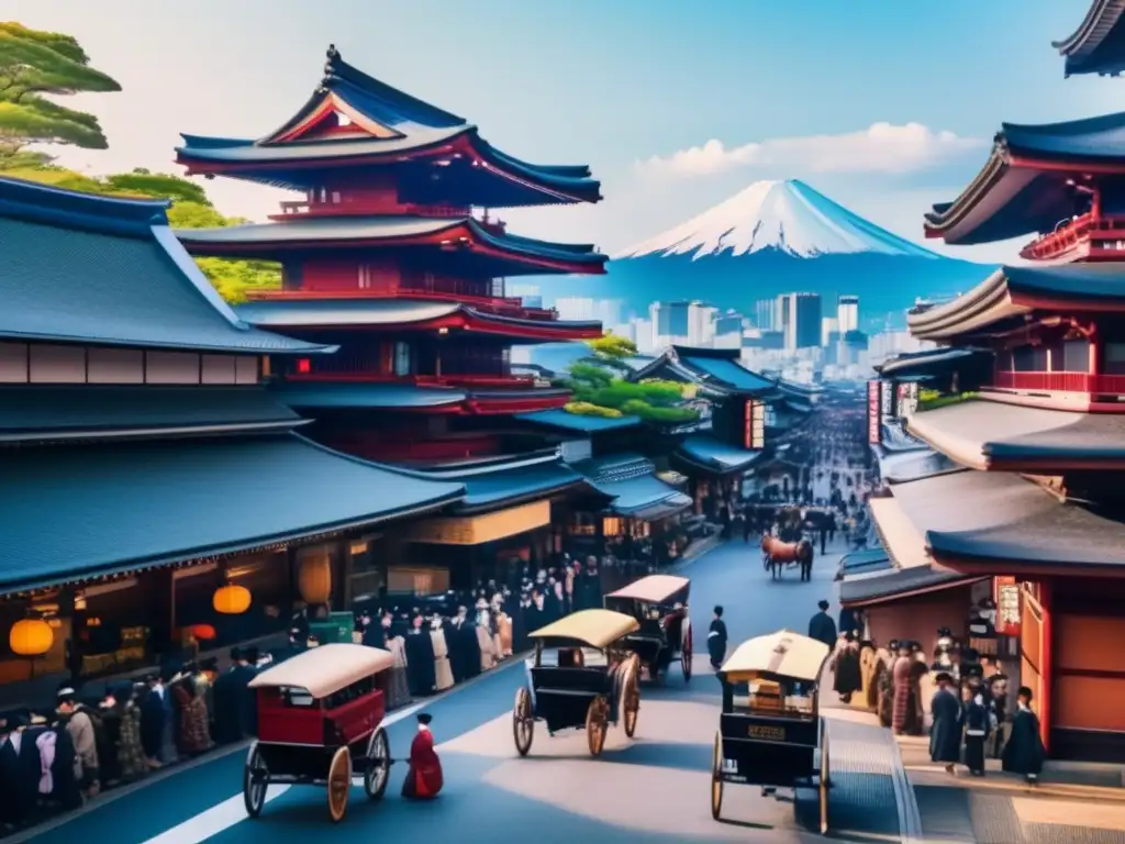 Descubre la transformación de Tokio en la era Meiji Un bullicioso Tokio durante la Revolución Meiji: tradición y modernidad se entrelazan en las calles