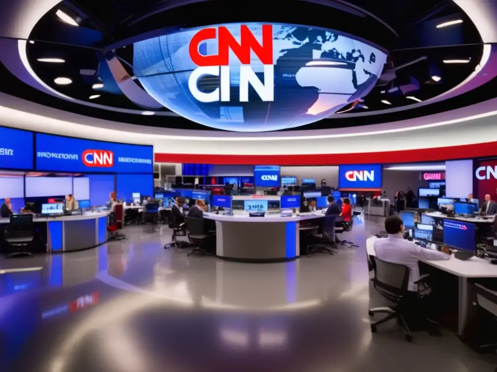 El bullicioso y moderno centro de noticias CNN, con reporteros y presentadores inmersos en discusiones animadas, mientras el icónico globo de CNN ilumina la sala