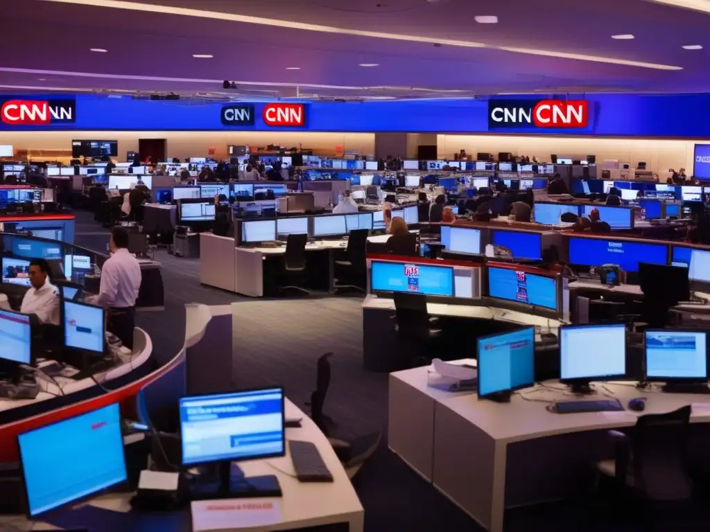 El bullicioso y moderno centro de noticias CNN, reflejando la revolución de Ted Turner en noticias 24/7